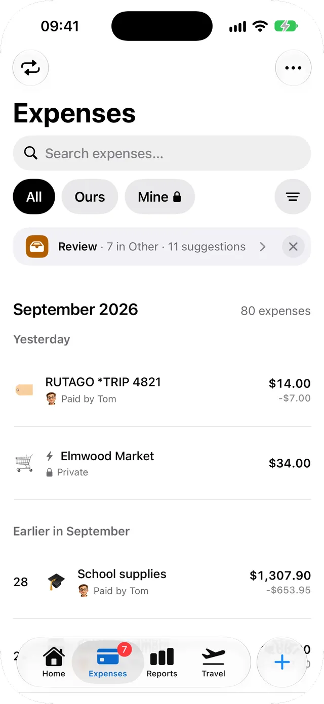 Couplesplit Expenses on iPhone: Elmwood Market, $34.00, logged automatically as a private expense