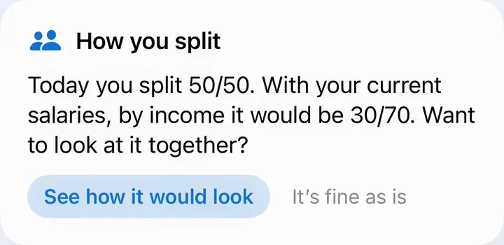 How you split card: today you split 50/50; by your current salaries it would be 30/70