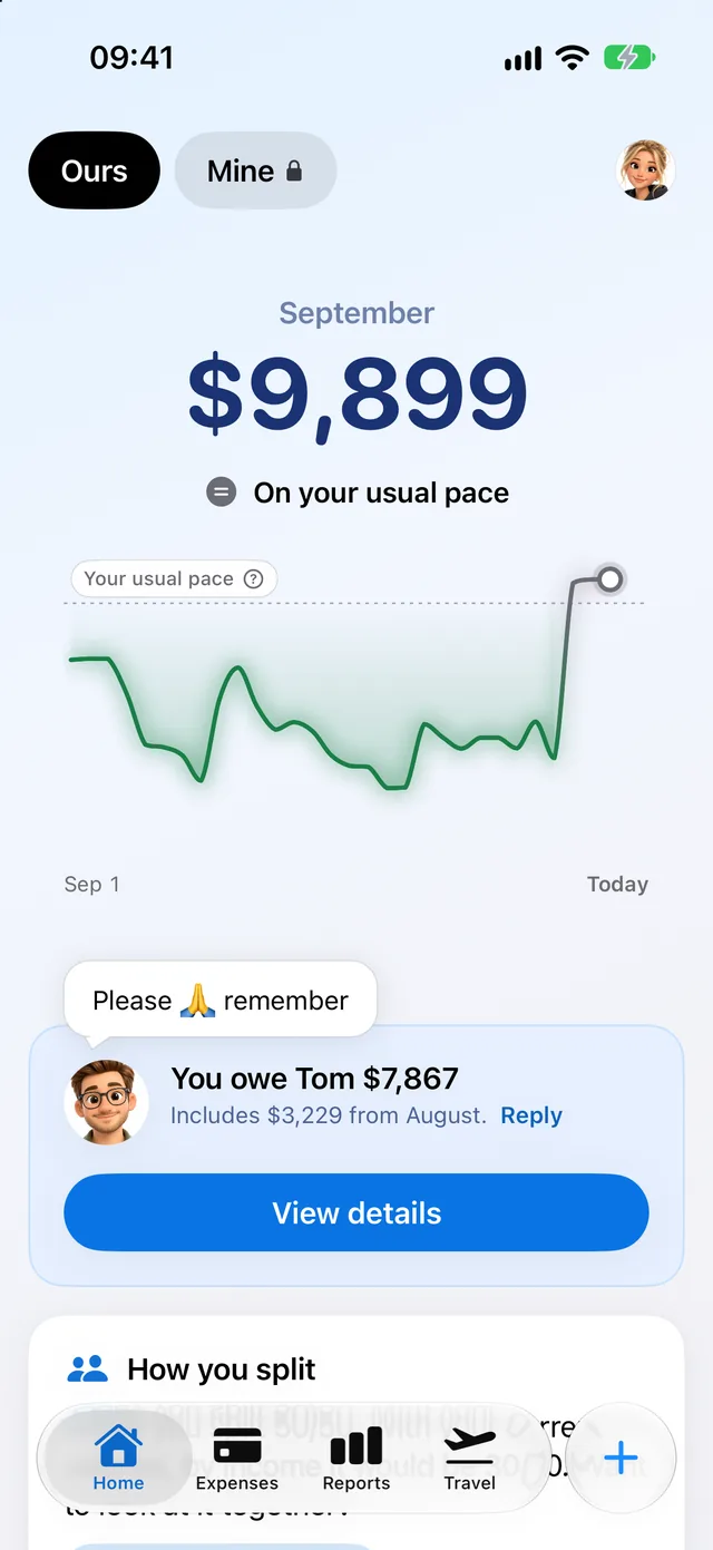 Couplesplit Home on iPhone: this month against your usual pace, and who owes whom