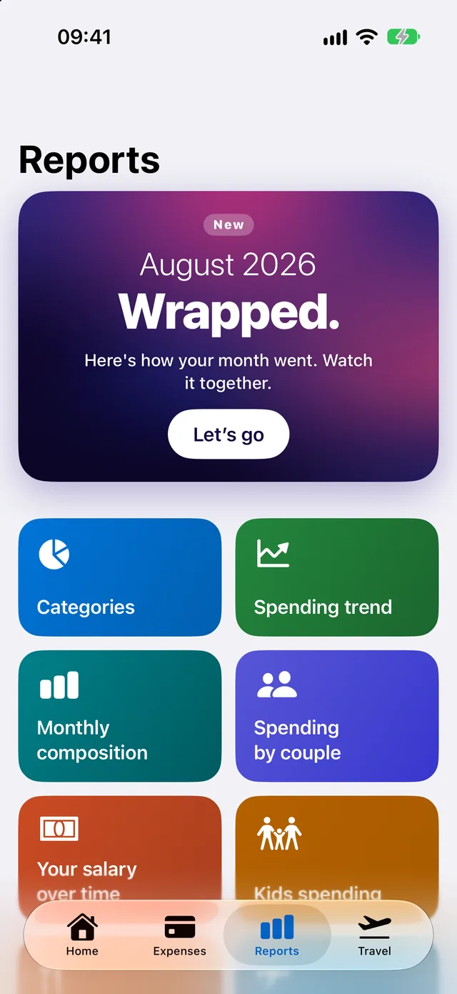 Reports: Monthly Wrapped, categories, spending trend, monthly composition and spending by couple